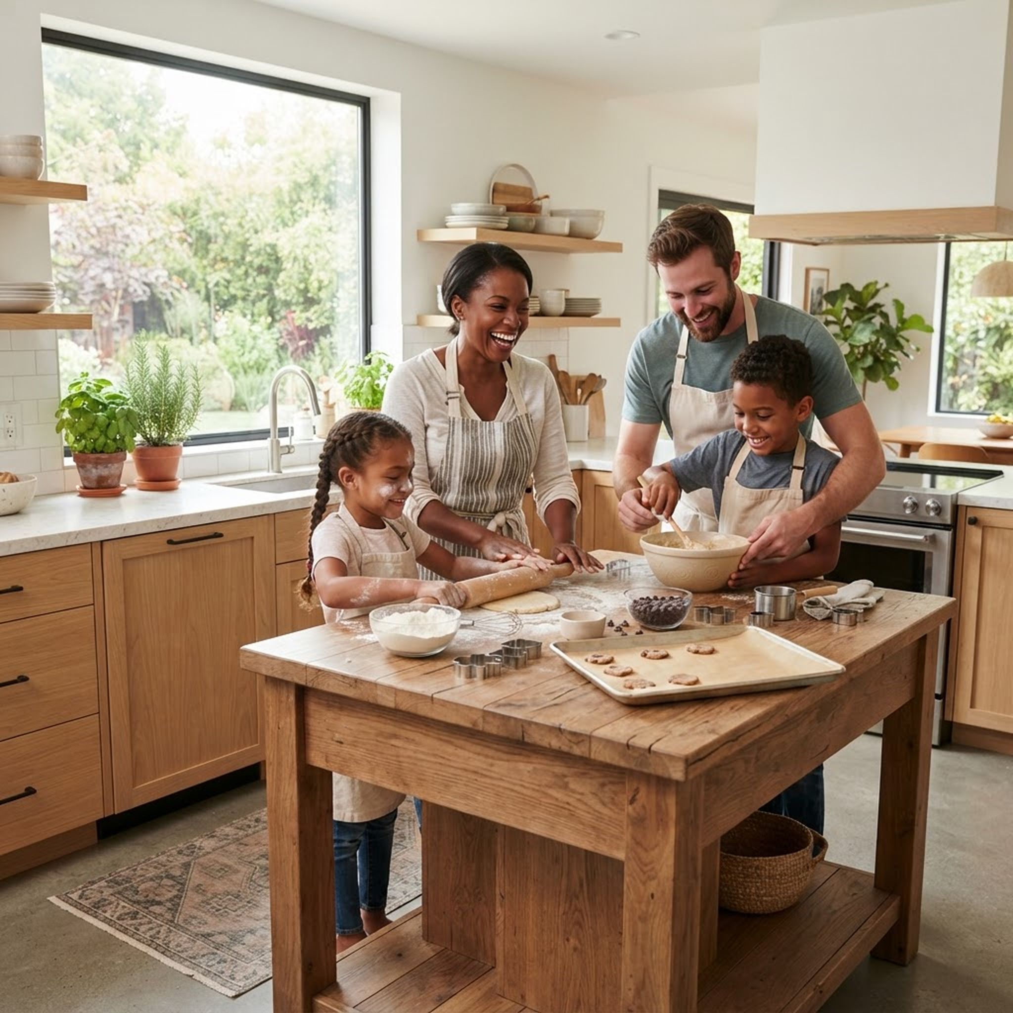 A family baking together, laughing in a bright kitchen