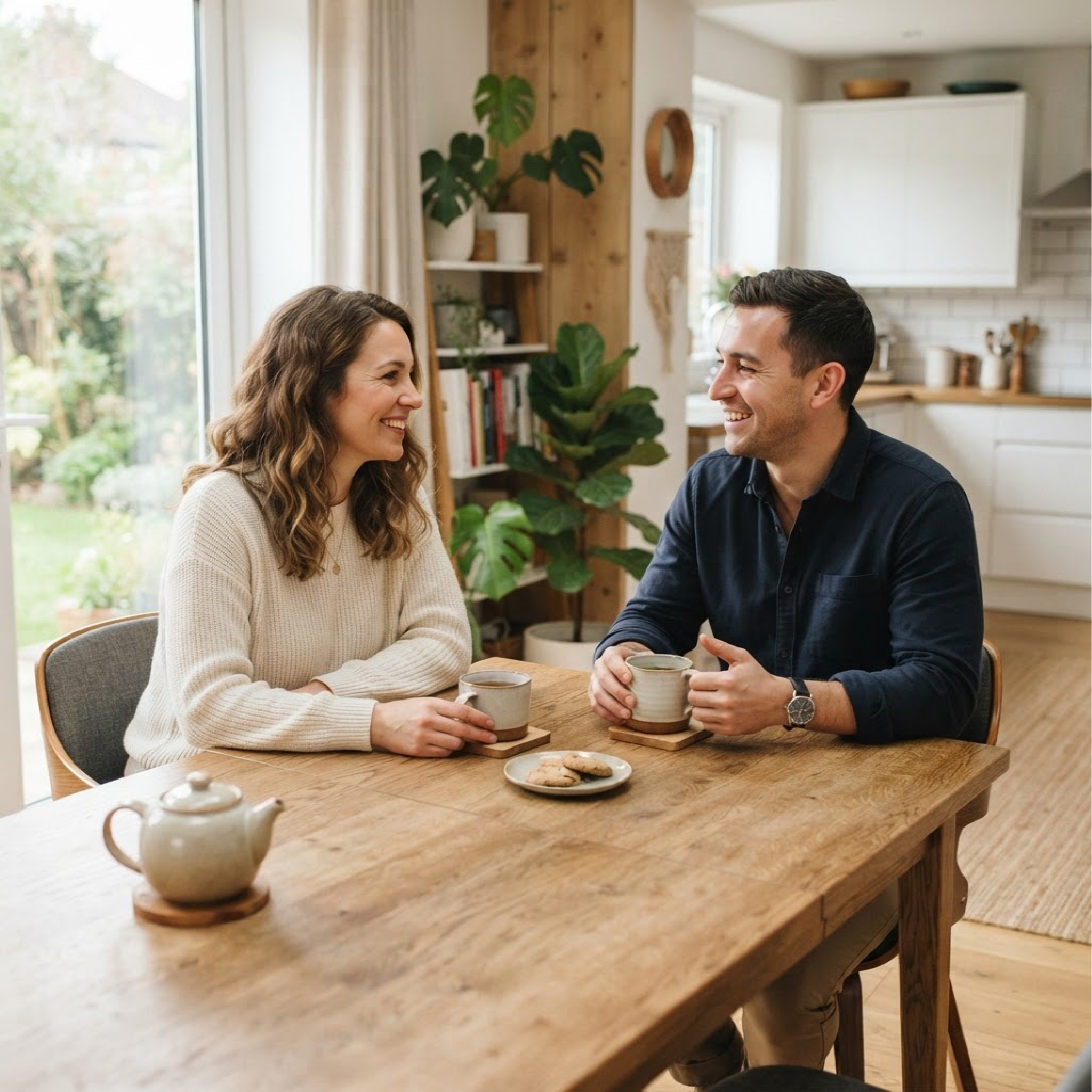 A couple having a relaxed conversation over coffee by a bright window