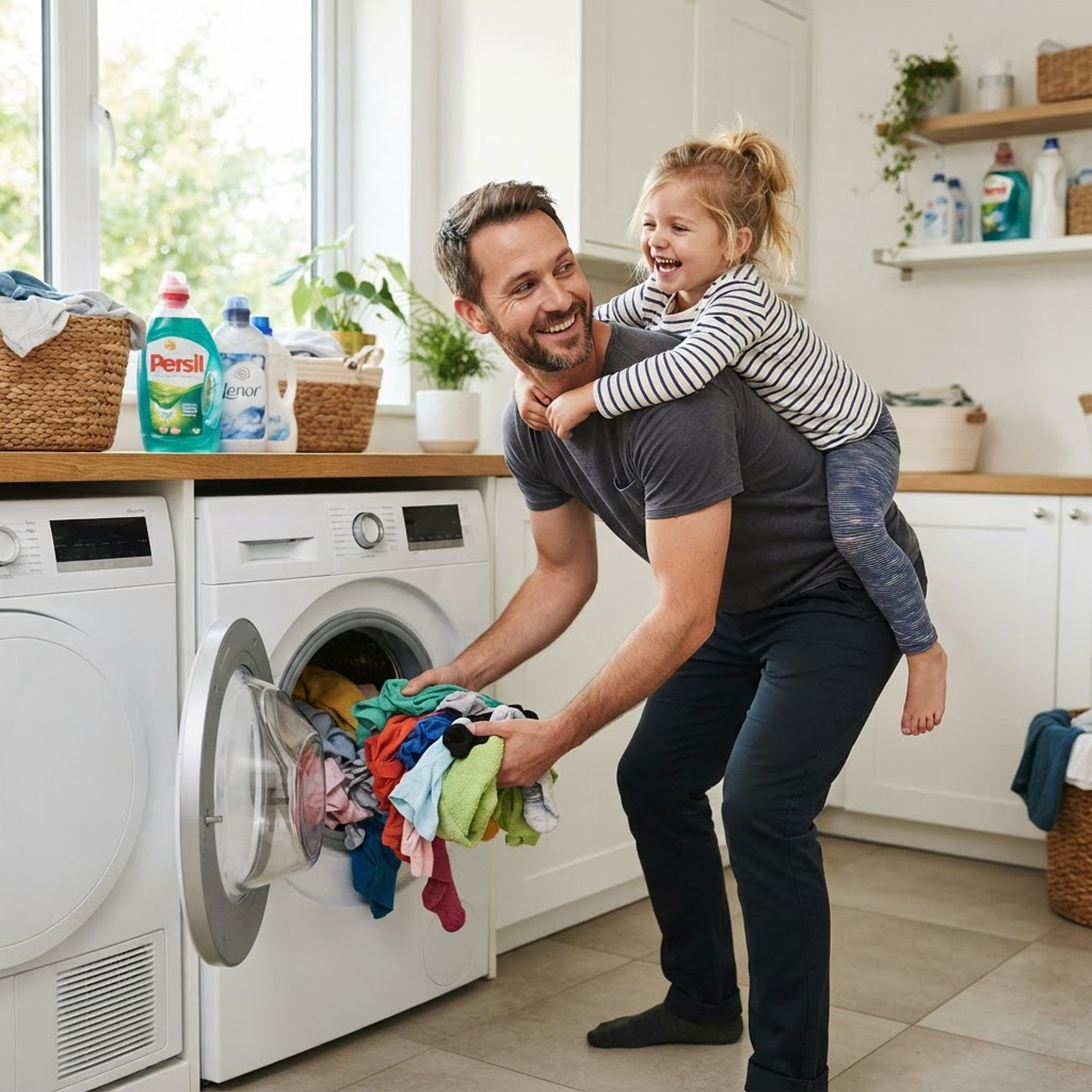 A father doing laundry while carrying his laughing daughter on his back