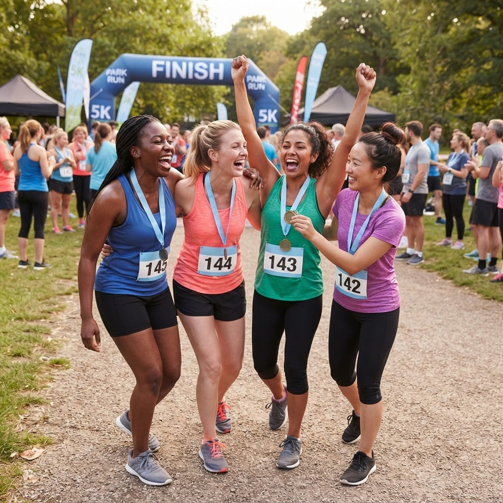 A group of women athletes celebrating together with medals